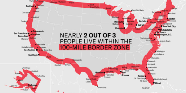 Map of the U.S. showing the 100 mile border zone