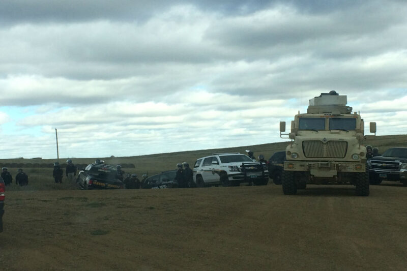 Police car and military vehicle roadblock in Morton County, North Dakota