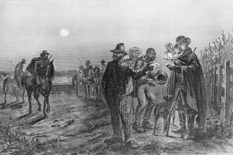 Illustration showing a guard with a lantern checking the passes of African-American men traveling on a levee road at night.