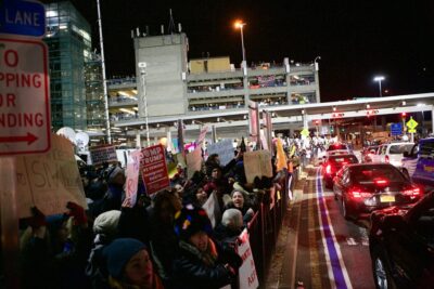 Thousands of people protest President Trump's Muslim ban at John F. Kennedy Airport on Saturday, Jan. 28, 2017.