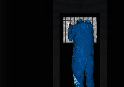 A painting of a prisoner in a dark cell with his back to the viewer holding on to the prison bars