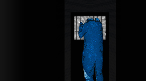 A painting of a prisoner in a dark cell with his back to the viewer holding on to the prison bars