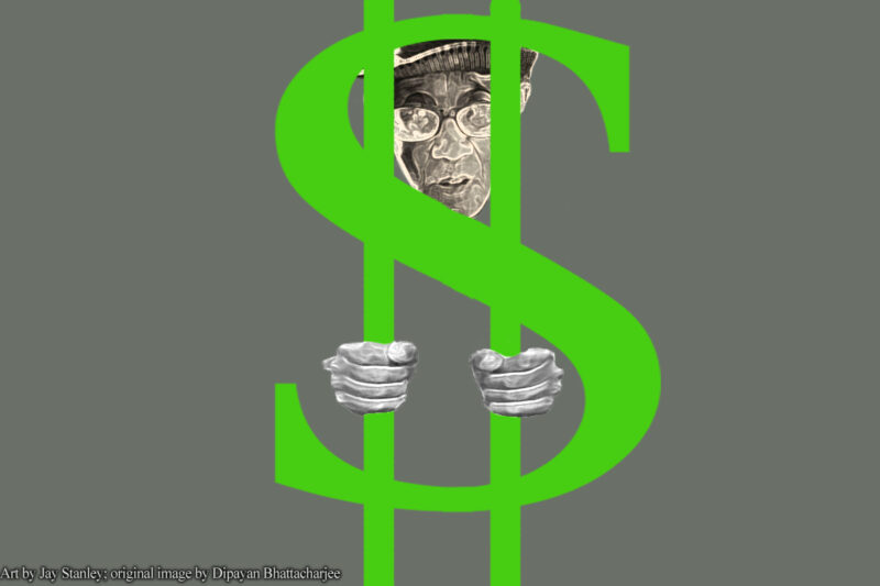 Image of man behind bars of dollar sign