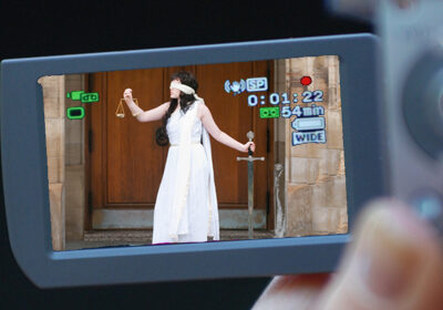 Image of Lady Justice on camcorder screen