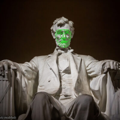 Lincoln memorial statue with face recognition analysis on his face