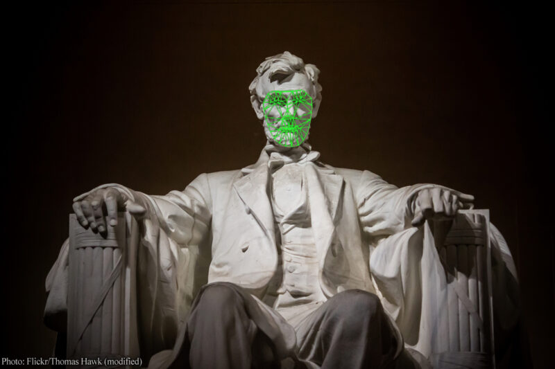Lincoln memorial statue with face recognition analysis on his face