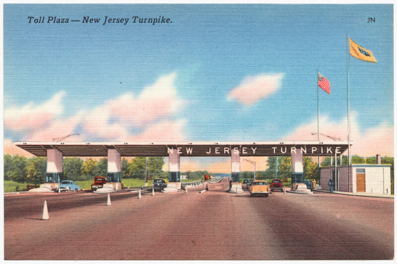 Classic postcard of New Jersey Turnpike toll plaza