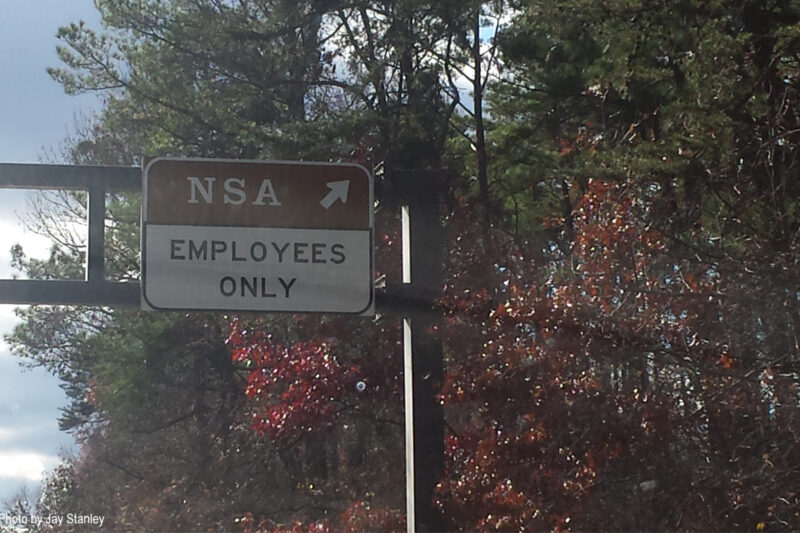 Sign at entrance to NSA building: "Employees Only"