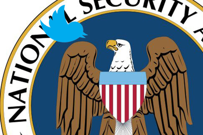 Eagle on NSA logo and Twitter logo bird looking at each other