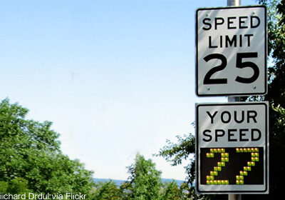 photo of radar speed sign: "Speed limit: 25 / Your speed: 27"