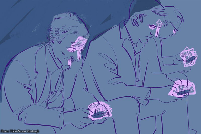 Drawing of three men looking at their phones