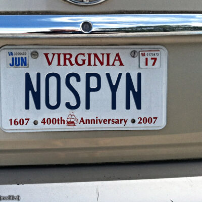 Virginia license plate that says "no spying"