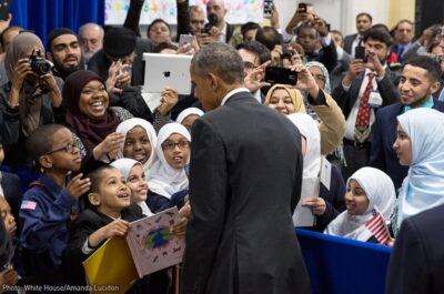 President Obama greeting crowd during his first U.S. mosque visit