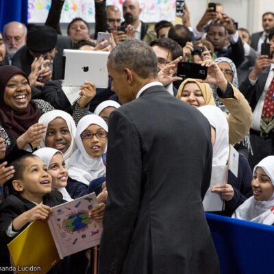 President Obama greeting crowd during his first U.S. mosque visit
