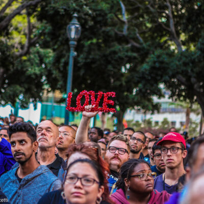 The crowd at a vigil for the victims on the shooting in Orlando on the steps of City Hall.