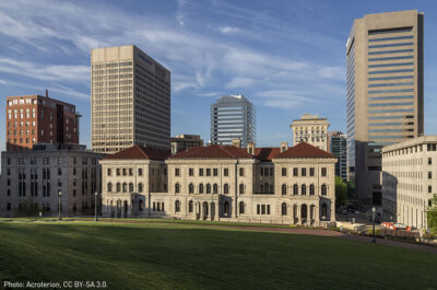 The Court of Federal Appeals (Lewis F. Powell Courthouse) and the skyline of Richmond, Virginia.