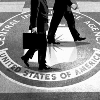 CIA agents walking across floor with CIA seal