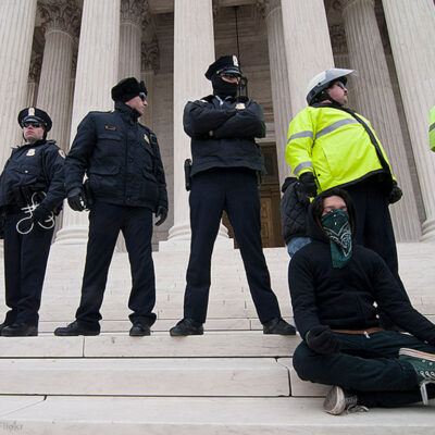 Police on steps of court