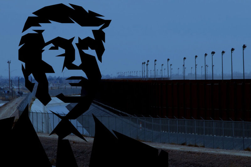 Donald Trump silhouette in front of border fence