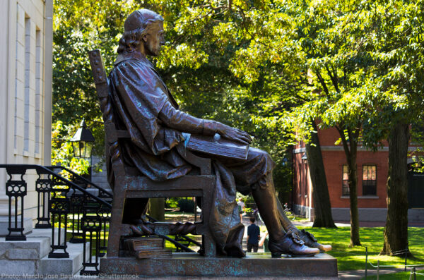 Statue of John Harvard on Harvard University's campus