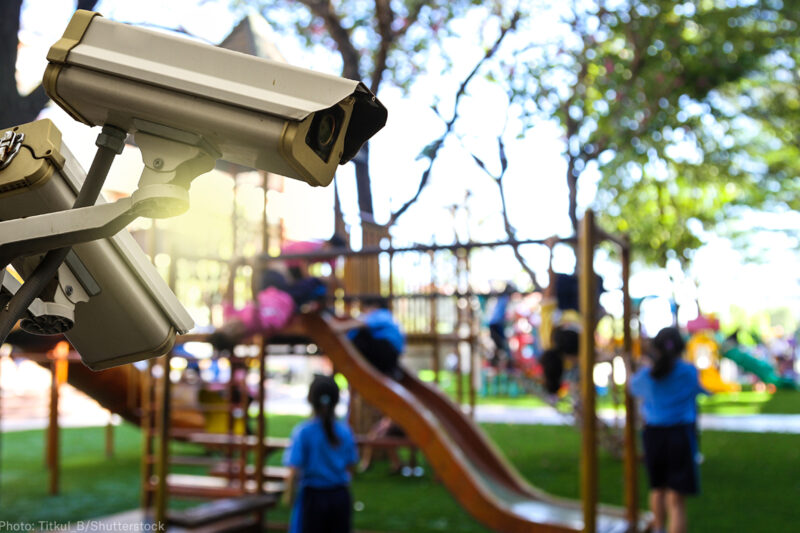Surveillance cameras on a school playground