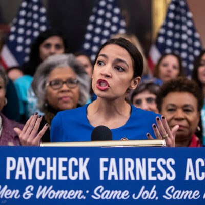 Alexandria Ocasio-Cortez at an event to advocate for the Paycheck Fairness Act