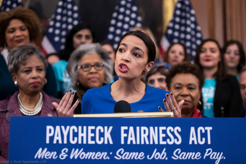 Alexandria Ocasio-Cortez at an event to advocate for the Paycheck Fairness Act