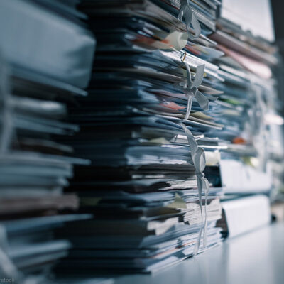 Stacks of files in a dark office