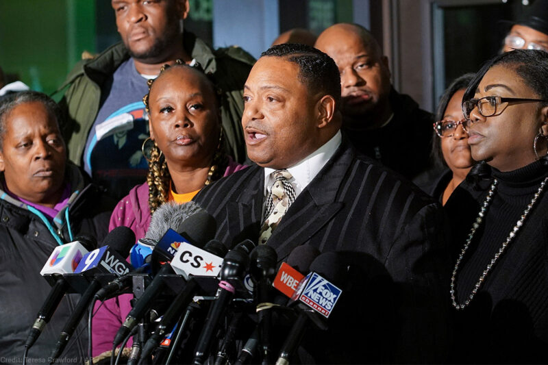 The Rev. Marvin Hunter, Laquan McDonald's great-uncle, speaks with reporters at the Leighton Criminal Court Building in Chicago on Friday, Jan. 18, 2019, after the sentencing of former Chicago officer Jason Van Dyke for the 2014 shooting of McDonald.