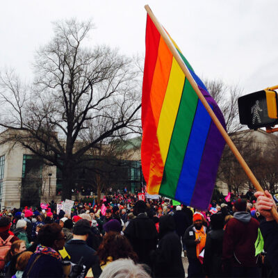 Moral March in Raleigh - Protester holding rainbow flag