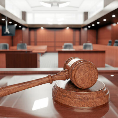 Image of a gavel in a courtroom