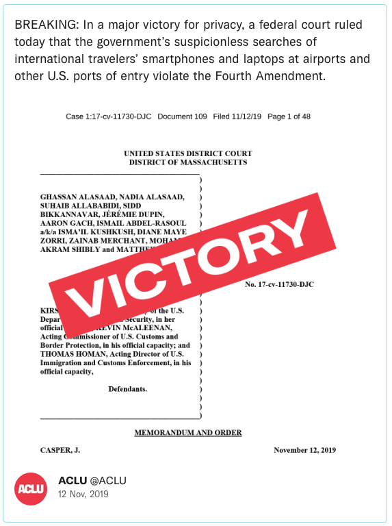 BREAKING: In a major victory for privacy, a federal court ruled today that the government’s suspicionless searches of international travelers’ smartphones and laptops at airports and other U.S. ports of entry violate the Fourth Amendment.