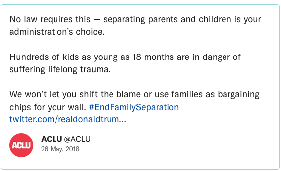 No law requires this — separating parents and children is your administration’s choice. Hundreds of kids as young as 18 months are in danger of suffering lifelong trauma. We won’t let you shift the blame or use families as bargaining chips for your wall. #EndFamilySeparation