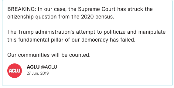 BREAKING: In our case, the Supreme Court has struck the citizenship question from the 2020 census. The Trump administration’s attempt to politicize and manipulate this fundamental pillar of our democracy has failed. Our communities will be counted.