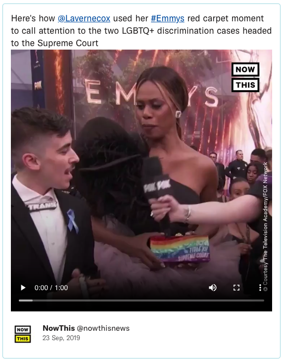 Here's how @Lavernecox used her #Emmys red carpet moment to call attention to the two LGBTQ+ discrimination cases headed to the Supreme Court