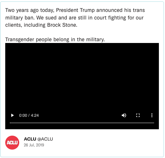 Two years ago today, President Trump announced his trans military ban. We sued and are still in court fighting for our clients, including Brock Stone. Transgender people belong in the military.