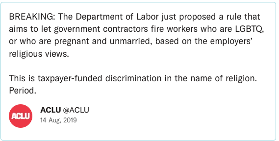 BREAKING: The Department of Labor just proposed a rule that aims to let government contractors fire workers who are LGBTQ, or who are pregnant and unmarried, based on the employers’ religious views. This is taxpayer-funded discrimination in the name of religion. Period.