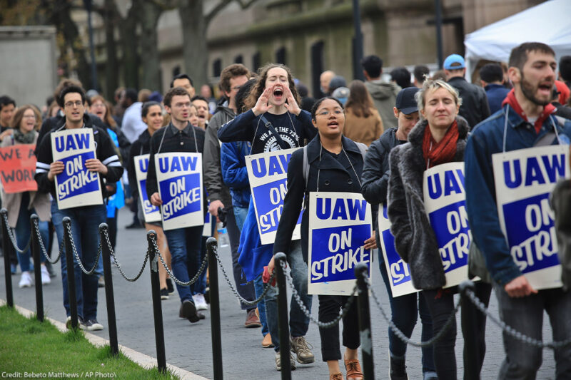 Striking teaching assistants protest on the campus of Columbia University in New York.