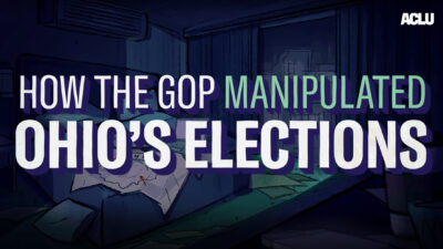 Still shot with words that read "How The GOP Manipulated Ohio's Elections" over a blue and green cartoon background. This is an intro image to a short animation film by ACLU.