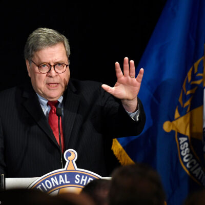 Attorney General William Barr speaks on stage at the National Sheriffs' Association Conference on February 10, 2020.