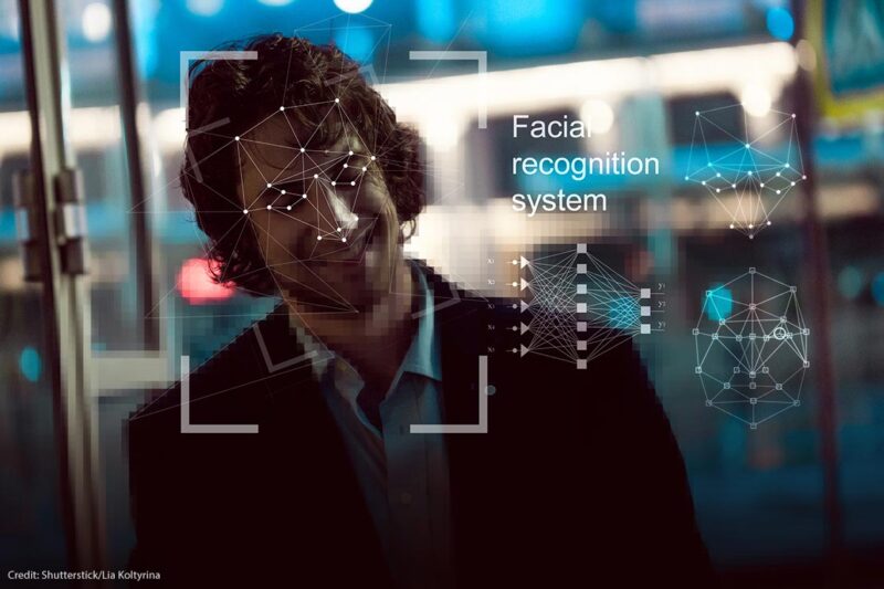 A mockup image of how a computer scans a human face for facial recognition