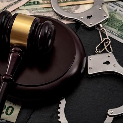 A gavel and a pair of handcuffs on a pile of money.