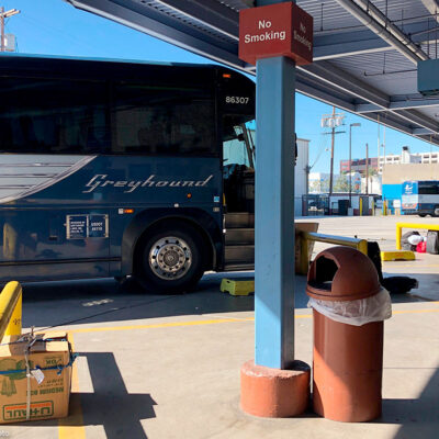 A Greyhound bus parked at a Los Angeles Greyhound bus station. Greyhound has denied the Customs and Border Protection (CBP) officers access to buses to conduct warrantless searches.