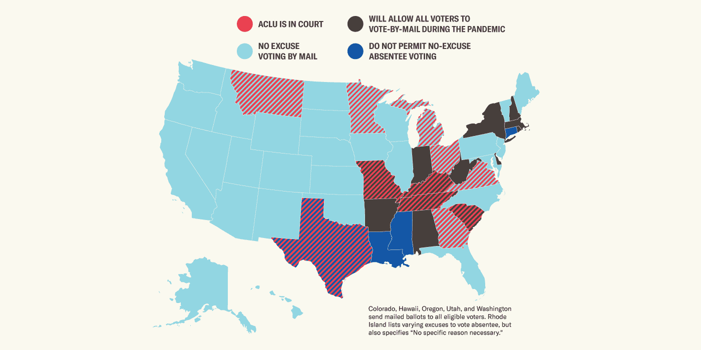 A map of which states allow voting by mail and where the ACLU is in court