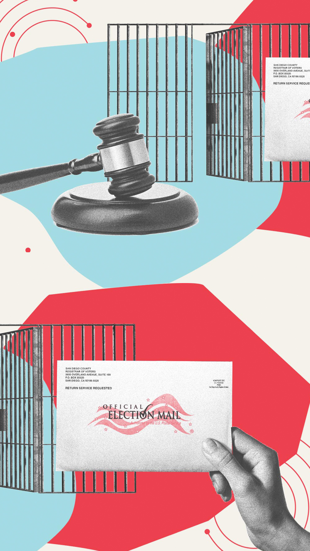 Collage by the ACLU, picturing a judge's gavel, a voting mail envelope, and a cage.