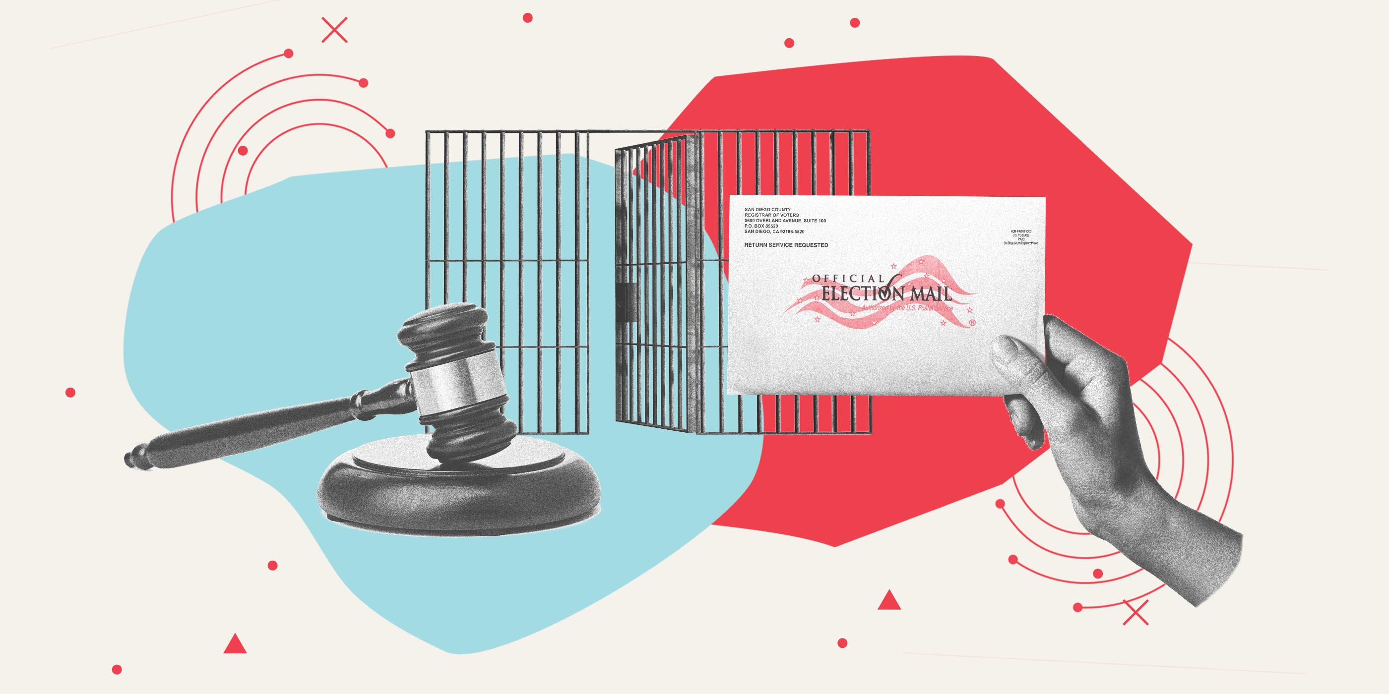 Collage by the ACLU, picturing a judge's gavel, a voting mail envelope, and a cage.