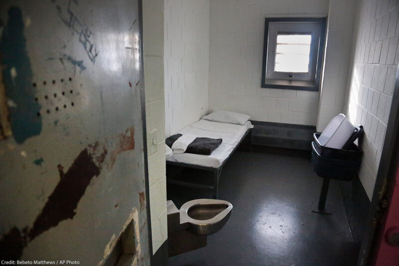 An empty solitary confinement cell at New York's Rikers Island jail.