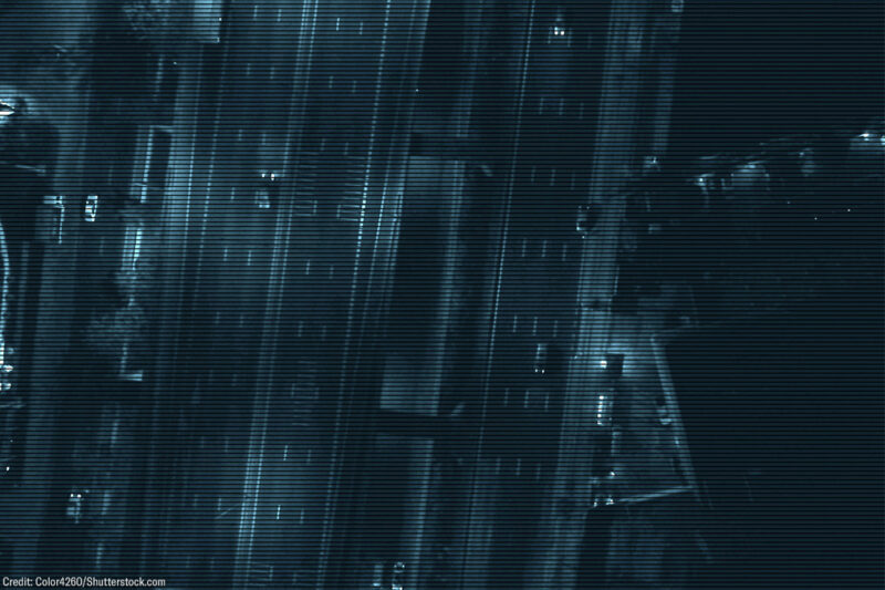 Aerial view of a freeway at night.