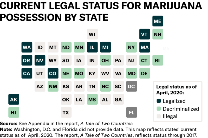 Map showing legal status for marijuana possession by state in 2019.