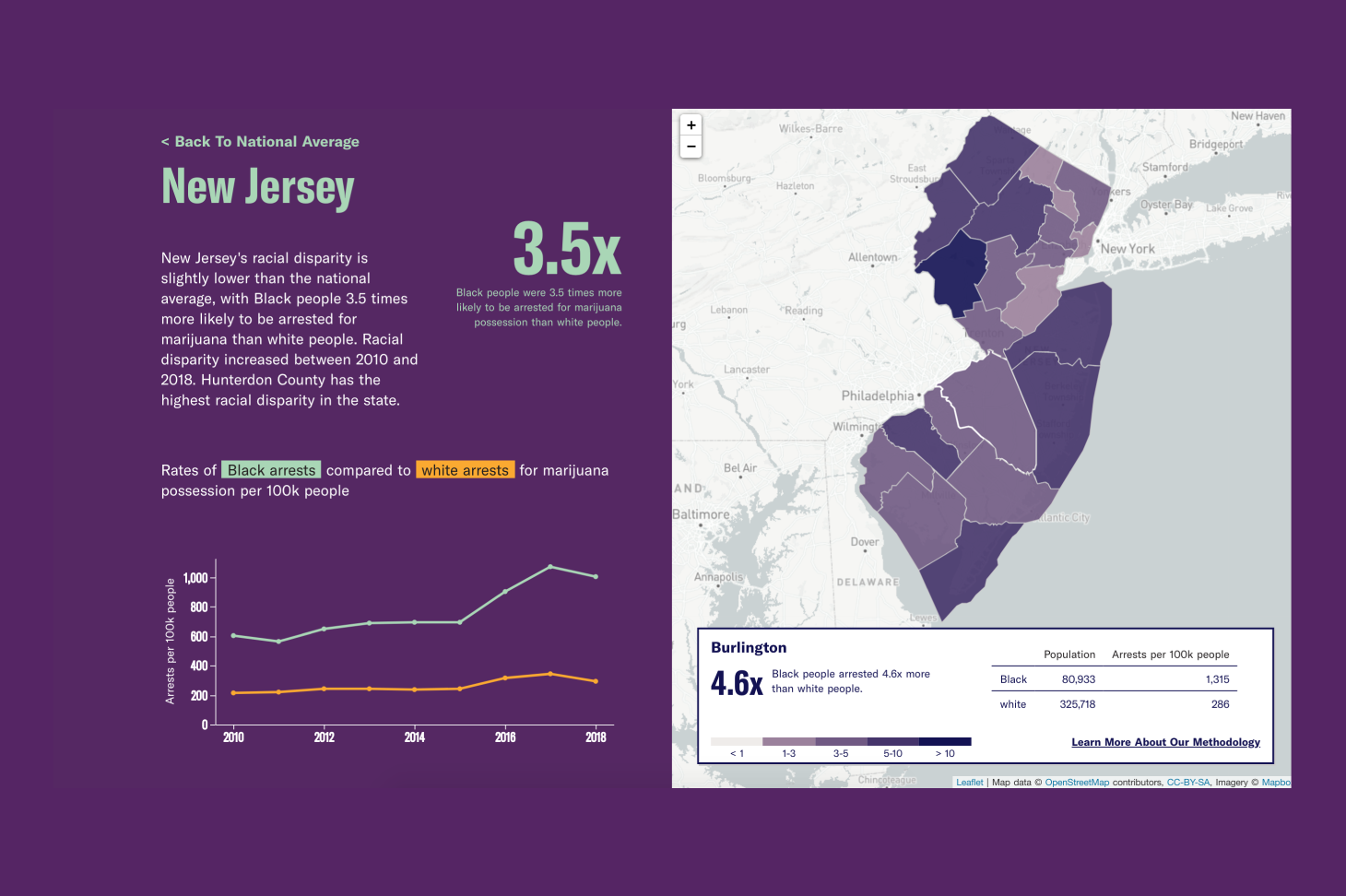 Map of New Jersey racial disparities in marijuana arrests